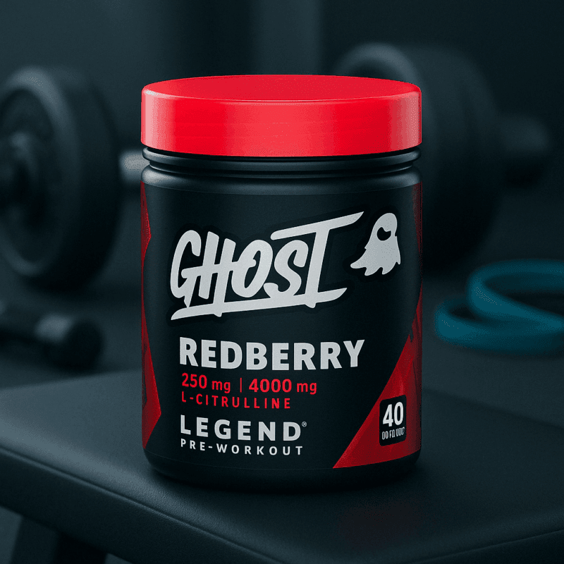 A container of GHOST Legend Pre-Workout in Redberry flavor sitting on a gym bench, with a red lid, bold white logo, and labeled doses of caffeine and L-citrulline, gym equipment blurred in the background.