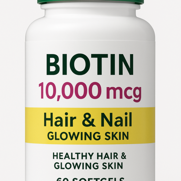 biotin 10000 mcg supplement for hair, skin, and nails in white plastic bottle