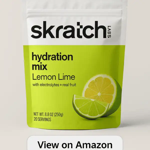 A digital photograph features a standing pouch of Skratch Labs Hydration Mix in Lemon Lime flavor, labeled with 20 servings and designed for athletes, set against a clean white background.