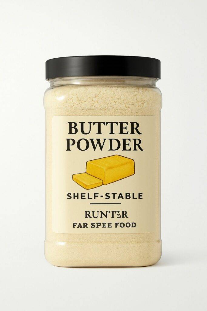 A cylindrical food container labeled 'Butter Powder' placed on a rustic kitchen counter, with a wooden spoon resting beside it and soft sunlight highlighting its shelf-stable design.