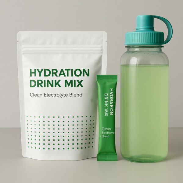 Hydration drink mix with clean electrolyte blend, shown in a white resealable pouch, a green stick packet, and a clear water bottle filled with light green liquid.