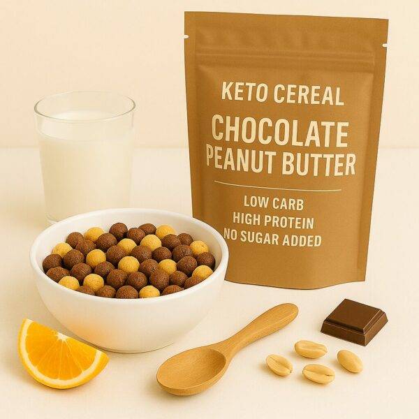 A bowl filled with chocolate and peanut butter flavored keto cereal sits beside a brown package labeled "Keto Cereal – Chocolate Peanut Butter – Low Carb – High Protein – No Sugar Added," accompanied by a glass of milk, peanuts, a wooden spoon, and a piece of dark chocolate on a neutral background.