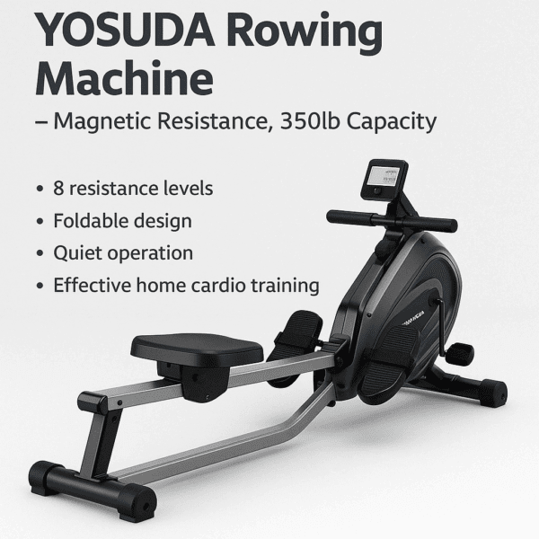 A digital product image showcases the YOSUDA Magnetic Rowing Machine with a foldable steel frame, LCD monitor, adjustable foot pedals, and magnetic resistance knob, designed for home cardio workouts.