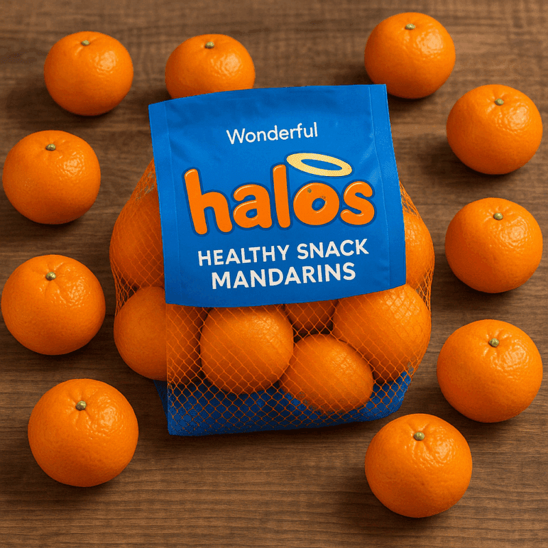 A 3-pound bag of Wonderful Halos Healthy Snack Mandarins on a wooden surface, surrounded by fresh whole mandarins.