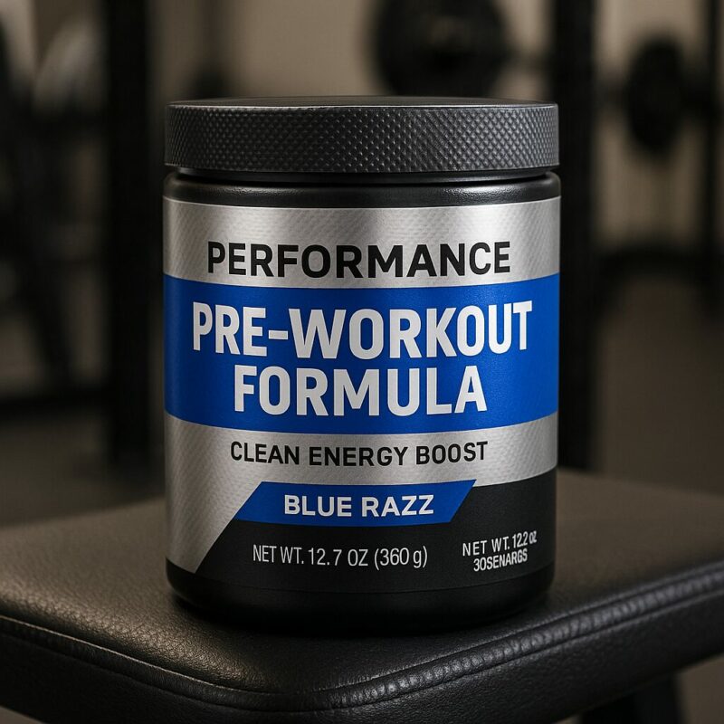 Performance pre-workout formula in Blue Razz flavor placed on a black gym bench, with blurred fitness equipment in the background