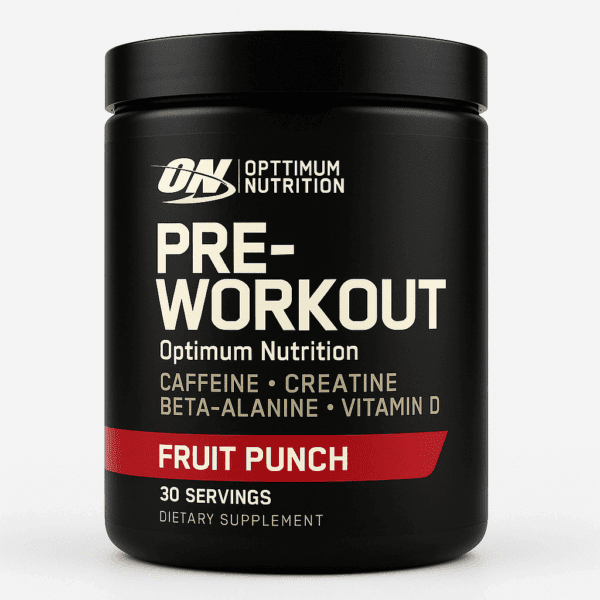 A black container of Optimum Nutrition Pre-Workout in Fruit Punch flavor, featuring bold white and red labeling and key ingredients listed on the front.