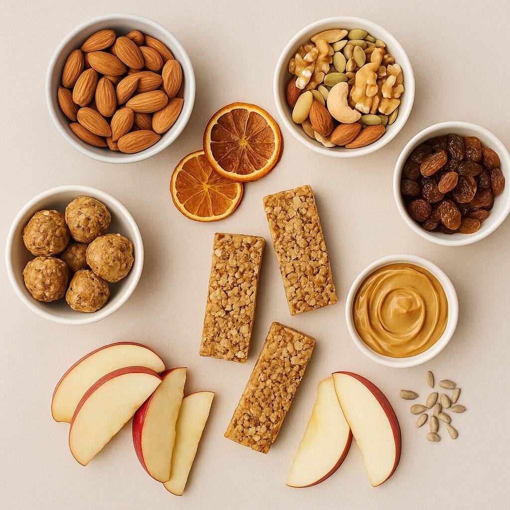 Top view of assorted healthy snacks for energy – nuts, granola bars, apple slices, and dried fruits on neutral background.