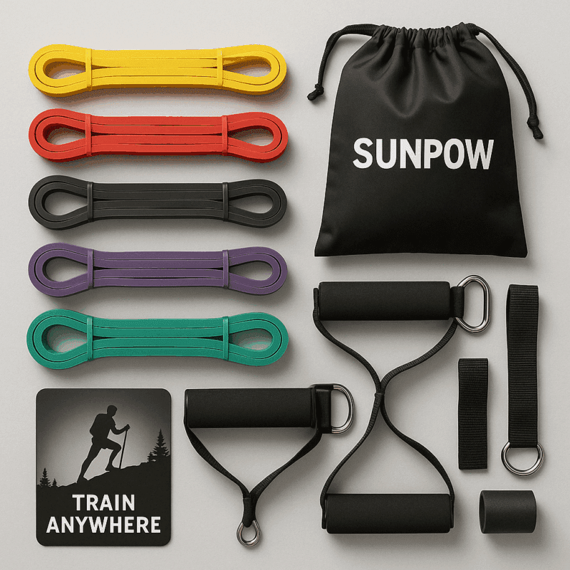 A high-resolution digital photograph displays a SUNPOW resistance band set with five color-coded bands, foam handles, door anchor, black carrying bag, and a “TRAIN ANYWHERE” card, all arranged neatly on a light gray background.