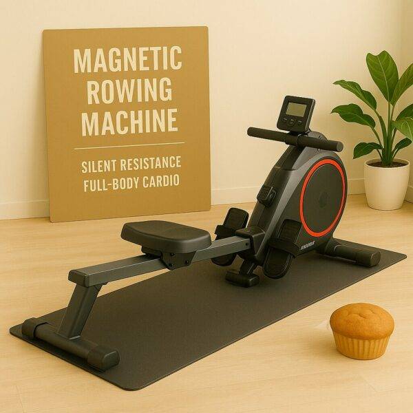 A magnetic rowing machine sits on a black mat in a minimalist home gym with wood flooring, a potted plant nearby, and a beige sign reading "Magnetic Rowing Machine – Silent Resistance – Full-Body Cardio" in the background.