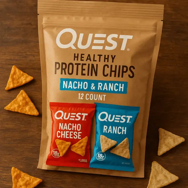 A bag of Quest Healthy Protein Chips in Nacho & Ranch flavor on a wooden surface, with triangle-shaped chips scattered around the packaging