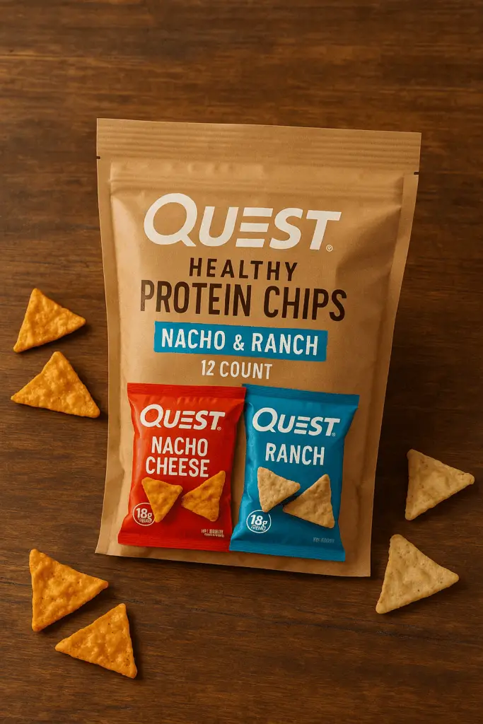 A bag of Quest Healthy Protein Chips in Nacho & Ranch flavor on a wooden surface, with triangle-shaped chips scattered around the packaging