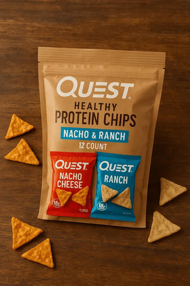 A bag of Quest Healthy Protein Chips in Nacho & Ranch flavor on a wooden surface, with triangle-shaped chips scattered around the packaging