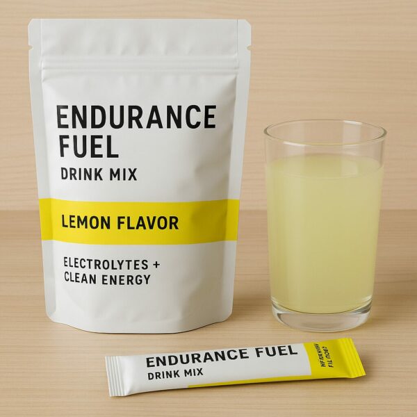 Endurance fuel drink mix in lemon flavor, shown with a white resealable pouch, a single-serving stick packet, and a glass of pale yellow hydration drink.