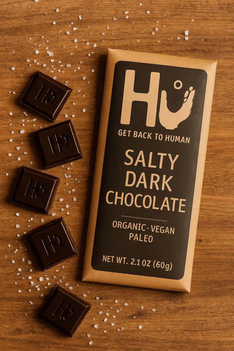 A Hu Salty Dark Chocolate Bar on a wooden surface, with broken chocolate squares and sea salt scattered around the packaging.