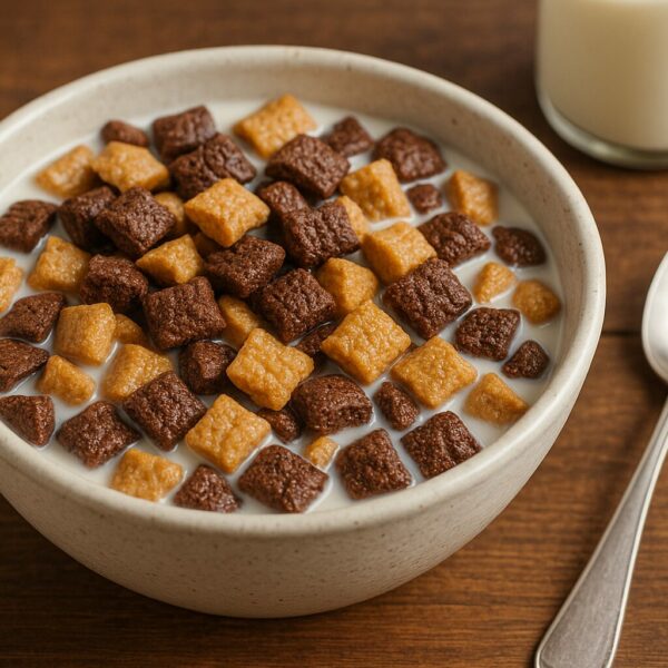 A bowl of chocolate and peanut butter flavored keto cereal served with almond milk on a wooden table, next to a spoon and a glass of milk.