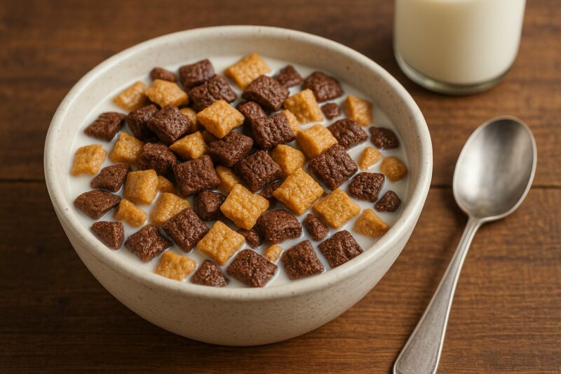A bowl of chocolate and peanut butter flavored keto cereal served with almond milk on a wooden table, next to a spoon and a glass of milk.
