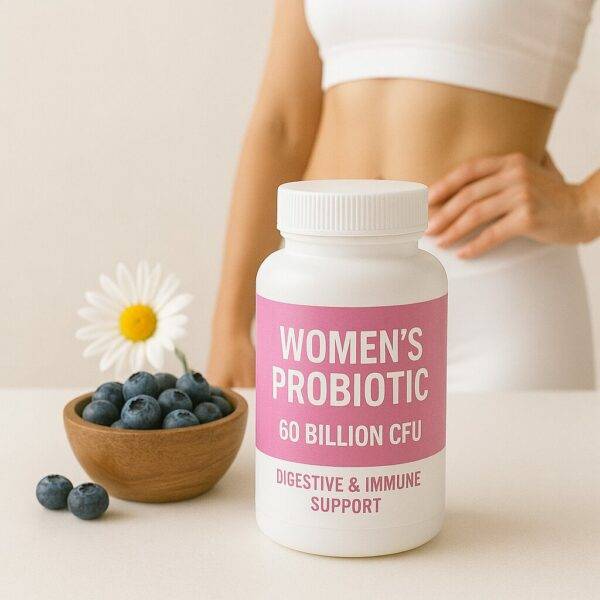A pink-labeled bottle of "Women's Probiotic – 60 Billion CFU" stands in front of a woman in white activewear, with a bowl of blueberries and a daisy flower beside it on a soft beige background.