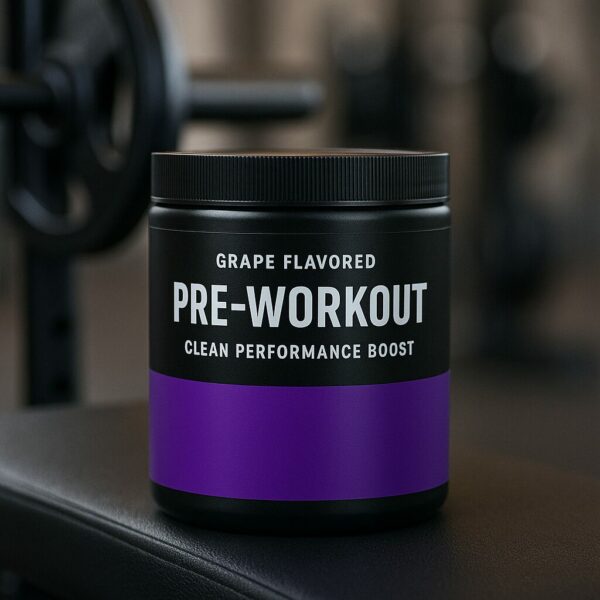 Grape flavored pre-workout supplement with a purple label on a black gym bench, set against blurred fitness equipment in the background