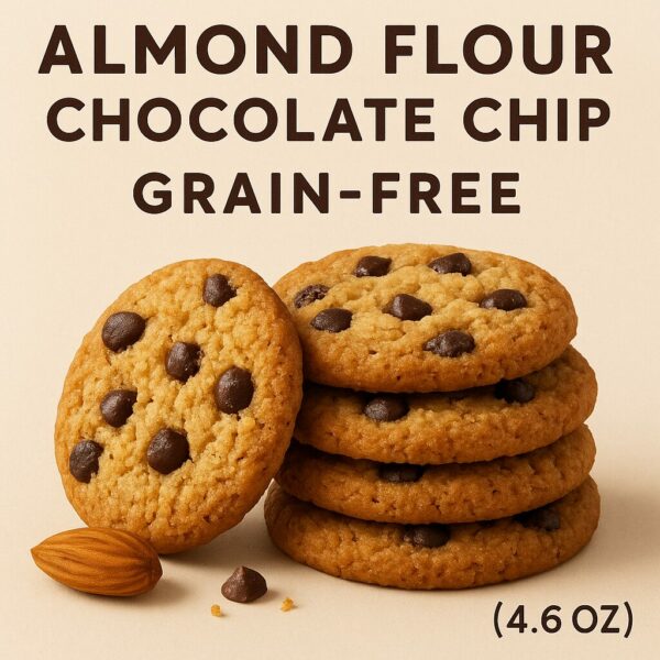 A stack of golden-brown almond flour chocolate chip cookies labeled “Grain-Free,” with a whole almond and chocolate chips on a beige background.