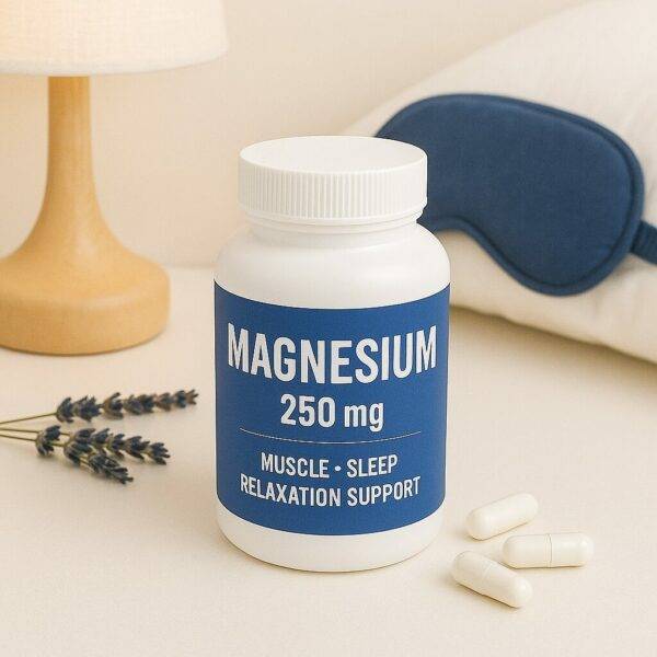 A white bottle labeled "Magnesium 250 mg – Muscle • Sleep • Relaxation Support" sits beside lavender sprigs, a blue sleep mask on a pillow, a wooden lamp, and several white capsules on a soft beige background