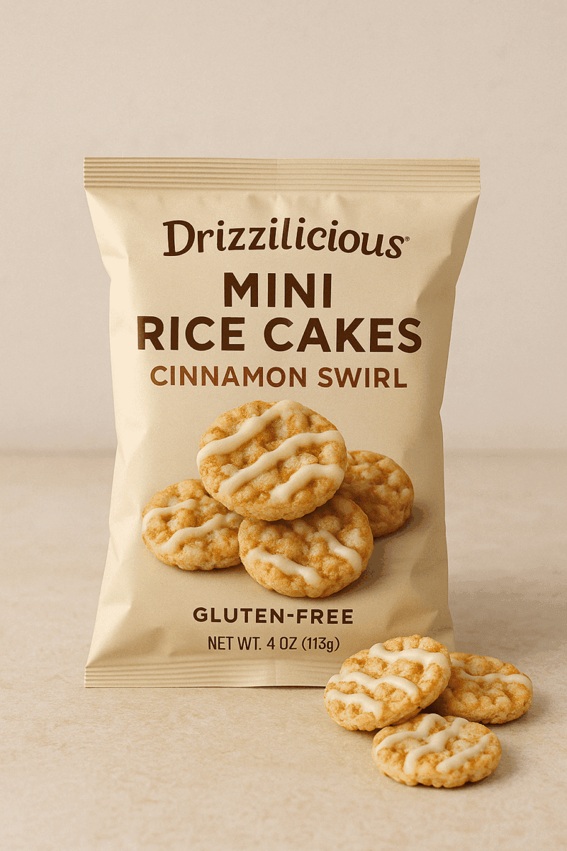 A 4 oz bag of Drizzilicious Mini Rice Cakes in Cinnamon Swirl flavor, with several glazed rice cakes placed in front of the bag on a beige surface.