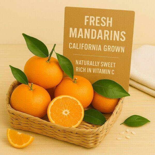 A wicker basket filled with fresh California mandarins, some with green leaves attached, sits on a wooden surface beside a kraft paper sign reading "Fresh Mandarins – California Grown – Naturally Sweet – Rich in Vitamin C," with a sliced mandarin and a cloth napkin nearby.