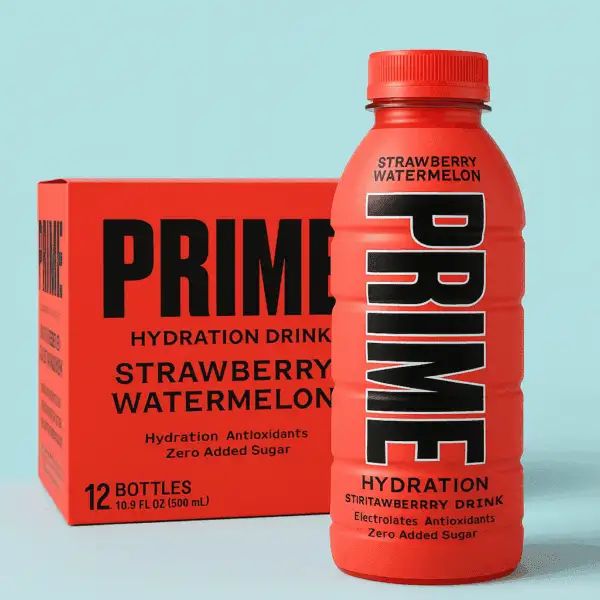 A 12-pack of PRIME Hydration Drink in Strawberry Watermelon flavor with a red bottle and box, labeled with electrolytes, antioxidants, and zero added sugar, against a turquoise background.
