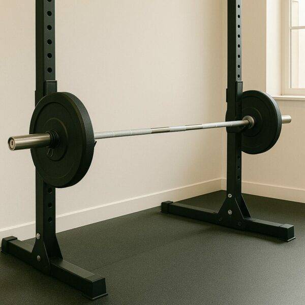 Olympic barbell setup on squat rack in home gym – strength training equipment for beginners
