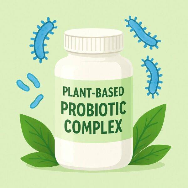 A white supplement bottle labeled "Plant-Based Probiotic Complex" is centered on a light green background, surrounded by green leaves and illustrated blue probiotic bacteria, symbolizing digestive health and plant-based ingredients.