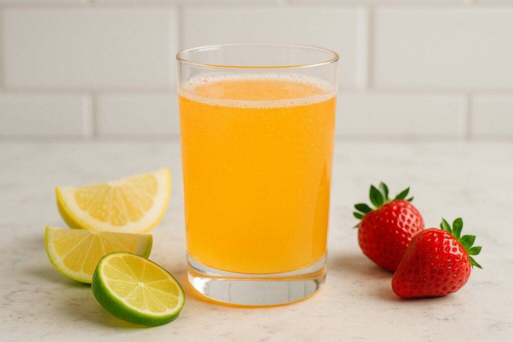 Glass of natural orange electrolyte drink with lemon, lime, and strawberries for post-workout recovery