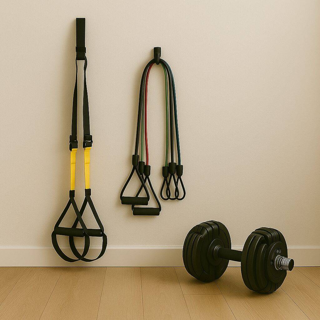 Home workout setup with three essential tools: a suspension trainer kit anchored to a door, a colorful resistance bands set neatly arranged, and a pair of adjustable dumbbells placed on a mat