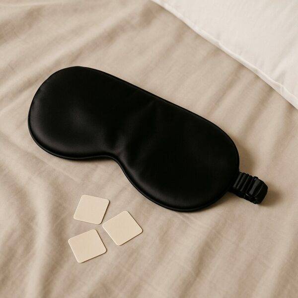 A black luxury silk sleep mask with an adjustable strap resting on a beige bedsheet, next to three small square patches