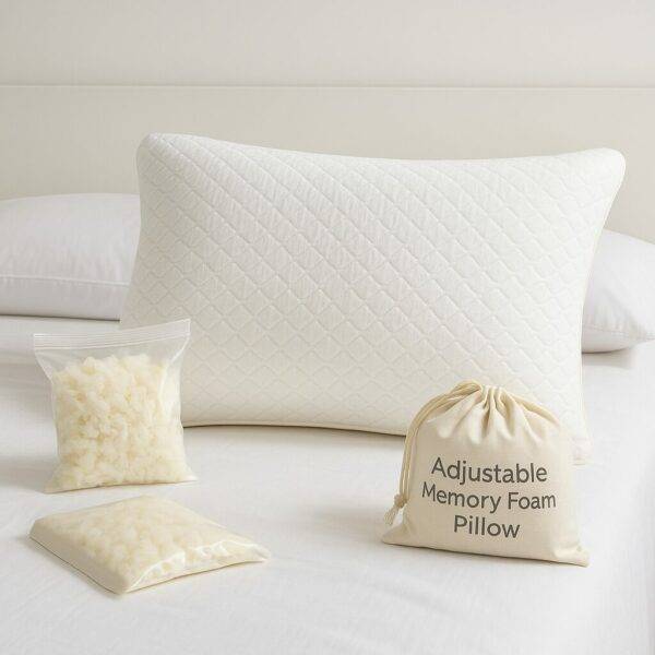 A queen-size adjustable memory foam pillow with a quilted bamboo cover on a white bed, accompanied by two clear bags of shredded foam and a labeled storage pouch