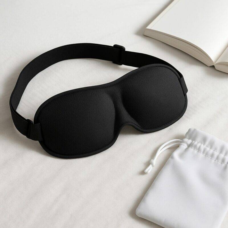 A black memory foam sleep mask with contoured eye cavities, placed on a light bedspread next to a white drawstring pouch and an open book