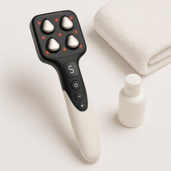 A white handheld body massager featuring a black square massage head with four metallic teardrop-shaped nodes and surrounding red LED lights, placed next to a folded towel and a small white lotion bottle on a clean white background.