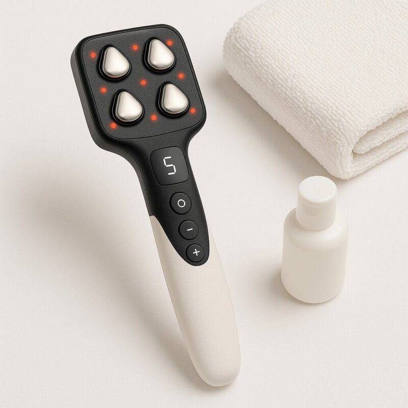 A white handheld body massager featuring a black square massage head with four metallic teardrop-shaped nodes and surrounding red LED lights, placed next to a folded towel and a small white lotion bottle on a clean white background.