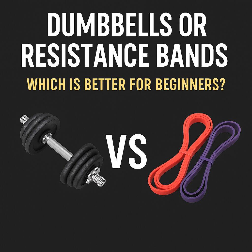 A comparison graphic showing a dumbbell on the left and two resistance bands on the right, with the text "Dumbbells or Resistance Bands - Which is Better for Beginners?" on a dark gray background.