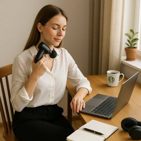 Young woman using a mini massage gun on her shoulder while sitting at a desk with a laptop, notebook, and coffee cup in a home office setting