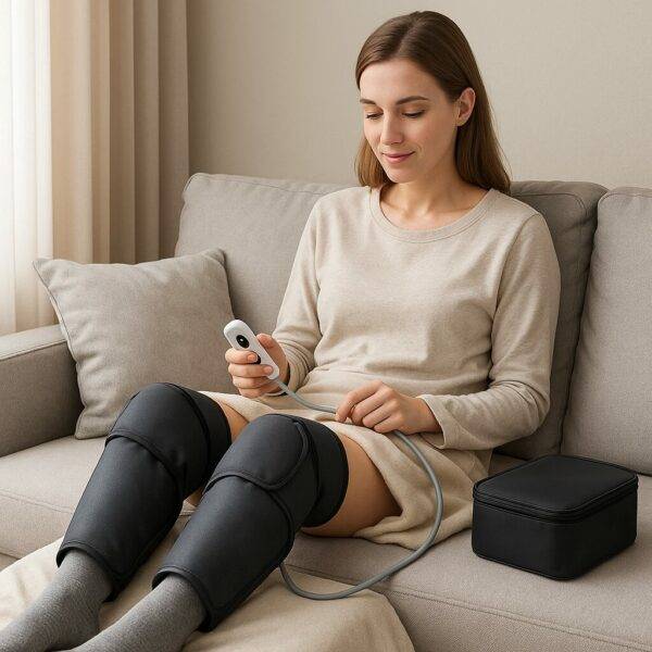Woman sitting on a sofa using an air compression leg massager with a handheld remote control, wearing a beige shirt and gray socks in a cozy living room.