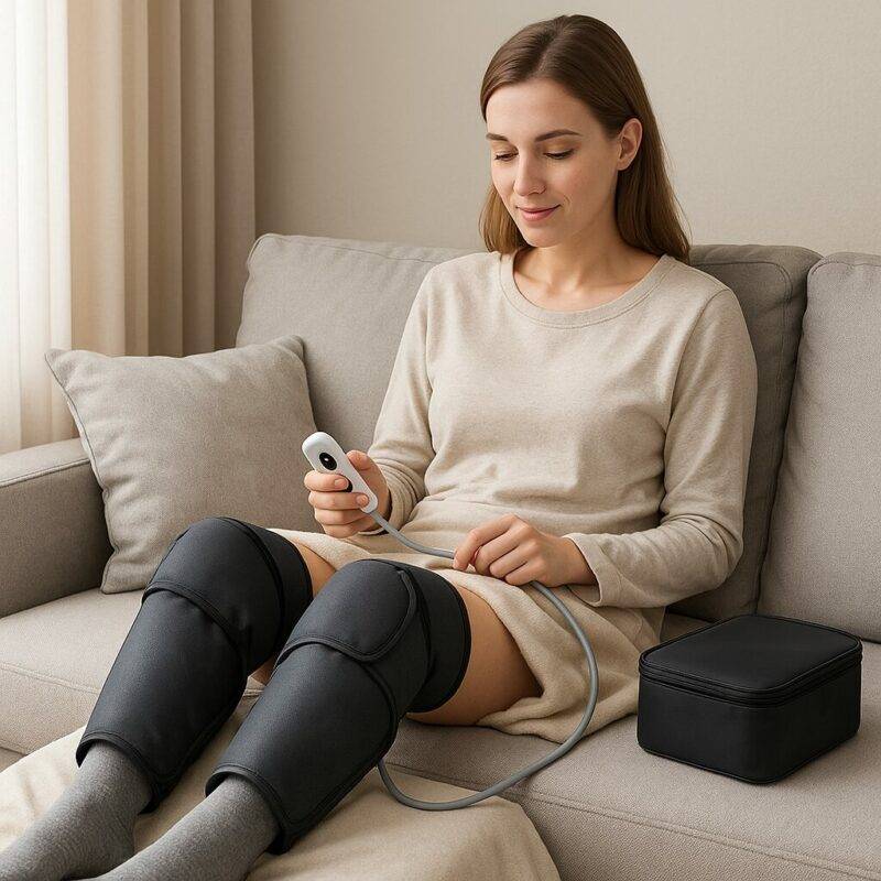 Woman sitting on a sofa using an air compression leg massager with a handheld remote control, wearing a beige shirt and gray socks in a cozy living room.
