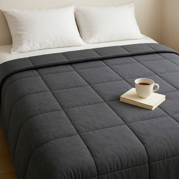 A weighted blanket neatly spread on a white bed with a book and a cup of tea on the side