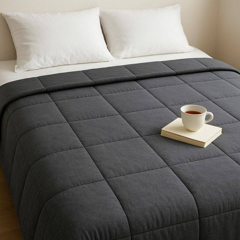 A weighted blanket neatly spread on a white bed with a book and a cup of tea on the side