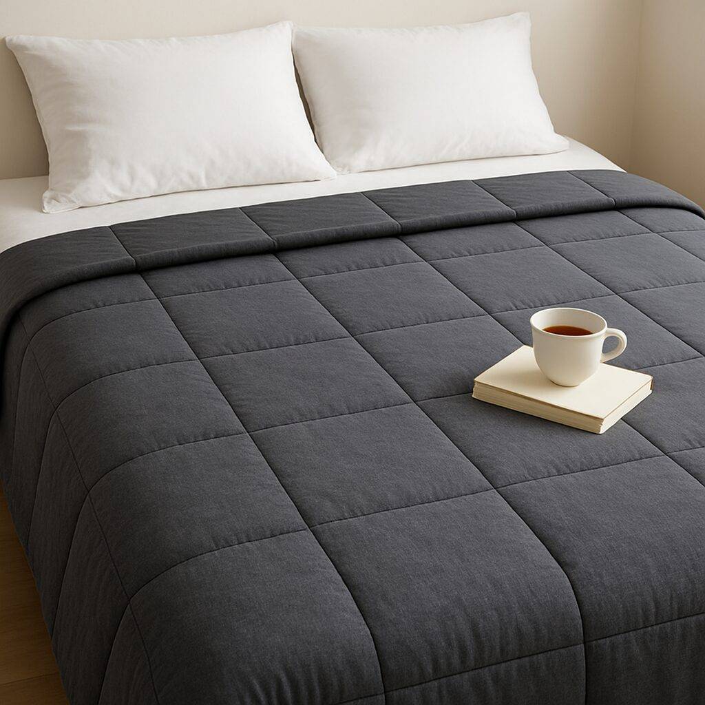 A weighted blanket neatly spread on a white bed with a book and a cup of tea on the side