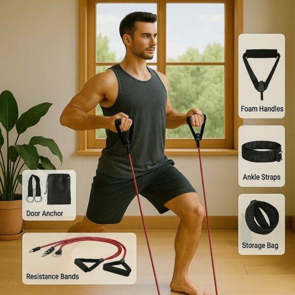 A man performing a resistance band workout in a bright room, with labeled accessories including foam handles, ankle straps, door anchor, storage bag, and resistance bands displayed alongside the image.