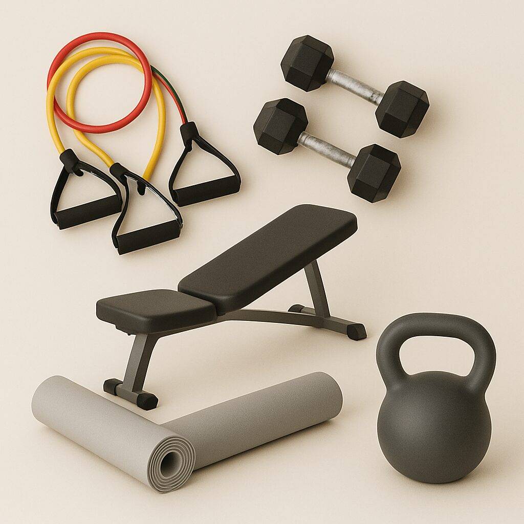Top 5 beginner fitness gear – resistance bands, dumbbells, bench, yoga mat, and kettlebell on neutral backgroun