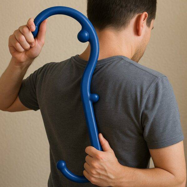 Person using a blue S-shaped massage hook on their upper back, wearing a gray shirt, in front of a neutral wall background.