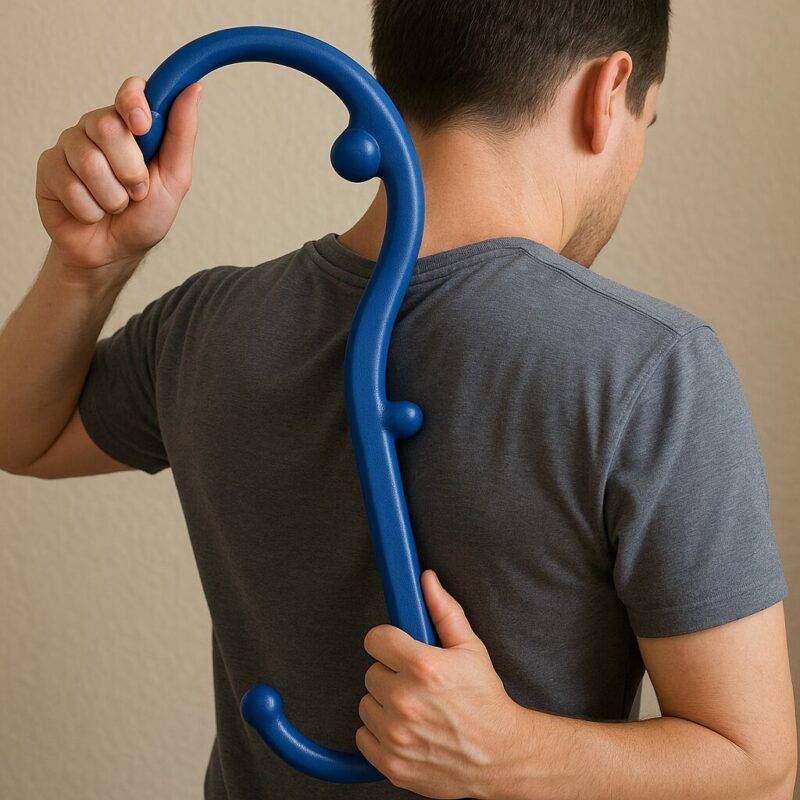 Person using a blue S-shaped massage hook on their upper back, wearing a gray shirt, in front of a neutral wall background.