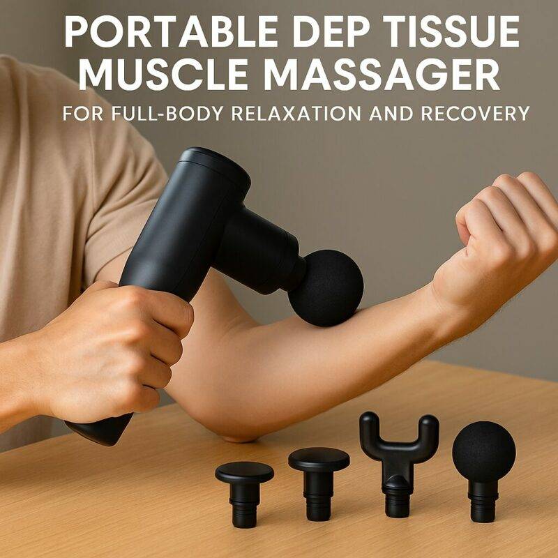 A person holding a portable muscle massager, using it on their arm, with various massage heads displayed nearby on a wooden table.