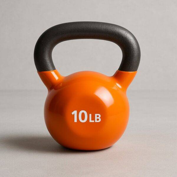 Bright orange 10-pound vinyl kettlebell with a black matte handle, displayed on a light gray surface with soft lighting and a clear weight marking on the front