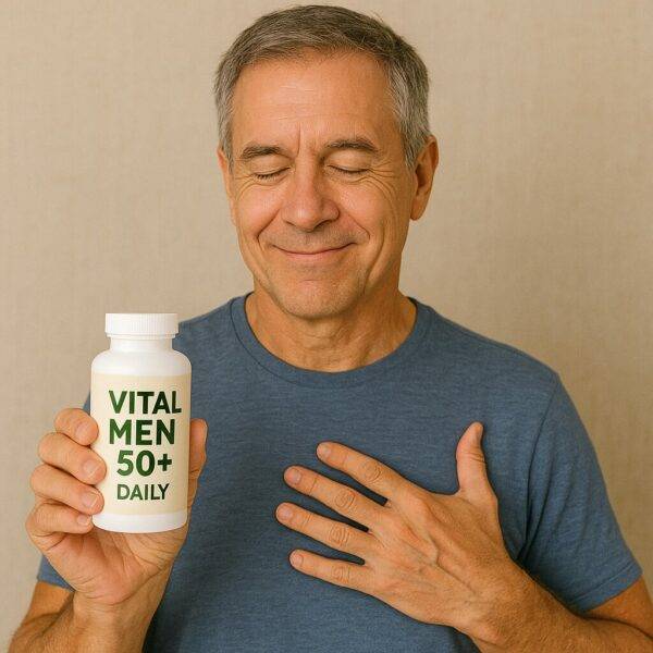 A smiling older man in a blue shirt holds a white bottle labeled “VITAL MEN 50+ DAILY” in one hand while placing his other hand on his chest, standing against a beige background. The image conveys health, confidence, and wellness for men over 50.